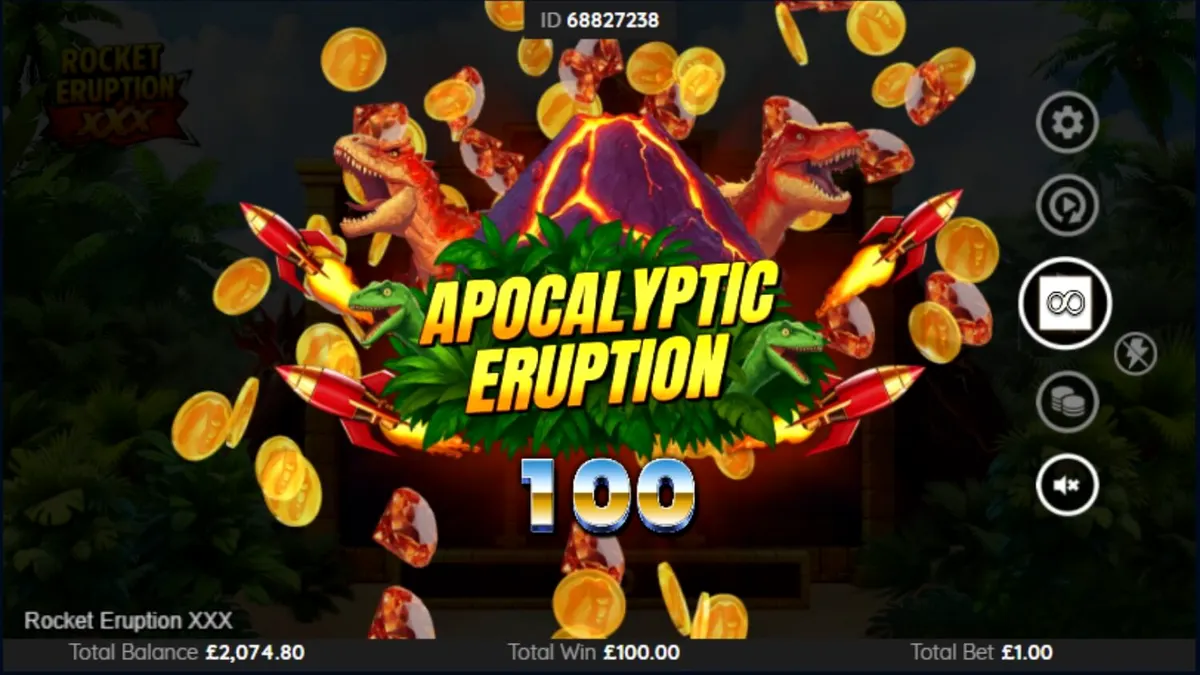 Interface do jogo Rocket Eruption XXX com tema vulcânico e símbolos clássicos
