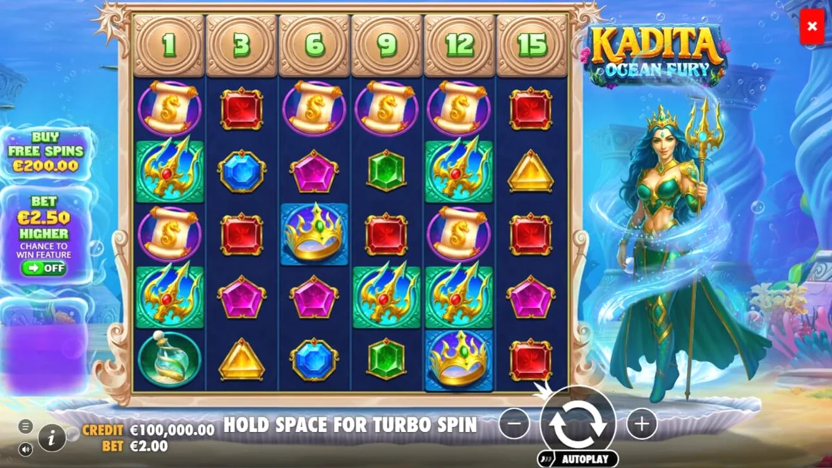 Interface do slot Kadita Ocean Fury com tema subaquático e de mitologia
